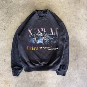 Nirvana Unplugged In New York City Washed Black Band Sweatshirt Crew Mens Small
